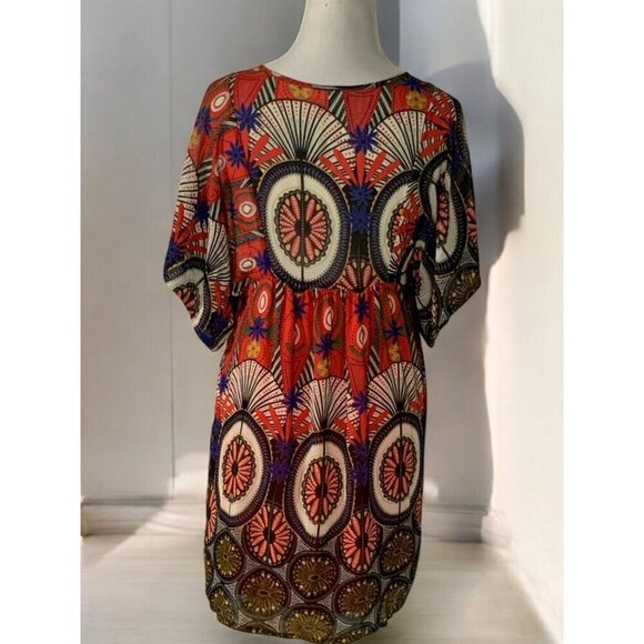 Ya Los Angeles Womens Multicolor Boho Geometric Kaftan Keyhole Mini Dress Medium - Picture 11 of 12